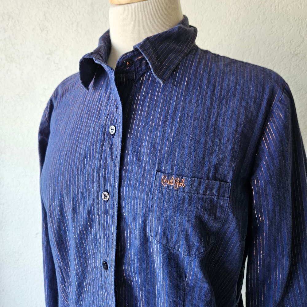 Cruel Girl Womens L Large Blue Navy Copper Gold Stripe Western Long Sleeve Shirt - Picture 2 of 7